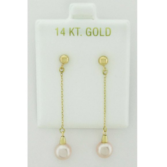 Genuine Pearl Dangling Ball Stud Earrings 14k Yellow Gold